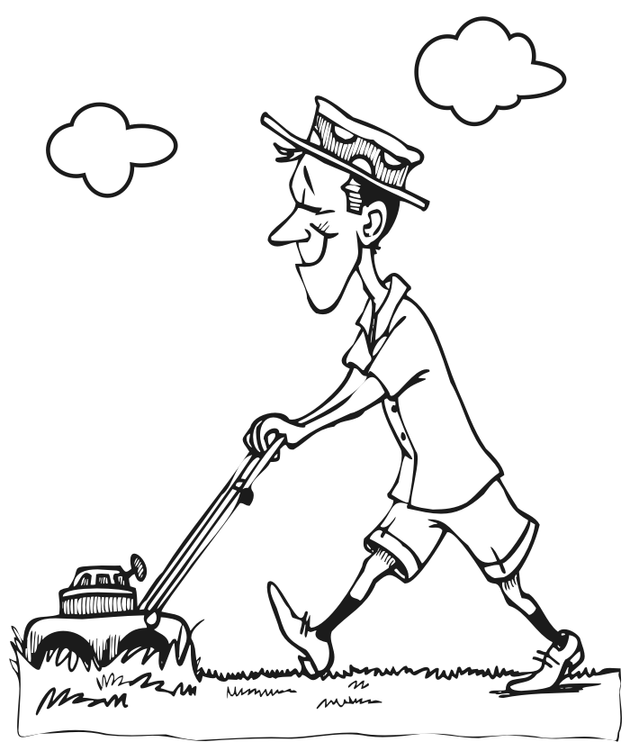 Printable picture of a lawnmower Summer coloring page of a man mowing his l...